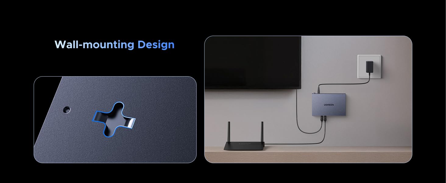 Wall mounting: keyhole slots on bottom, switch mounted on wall